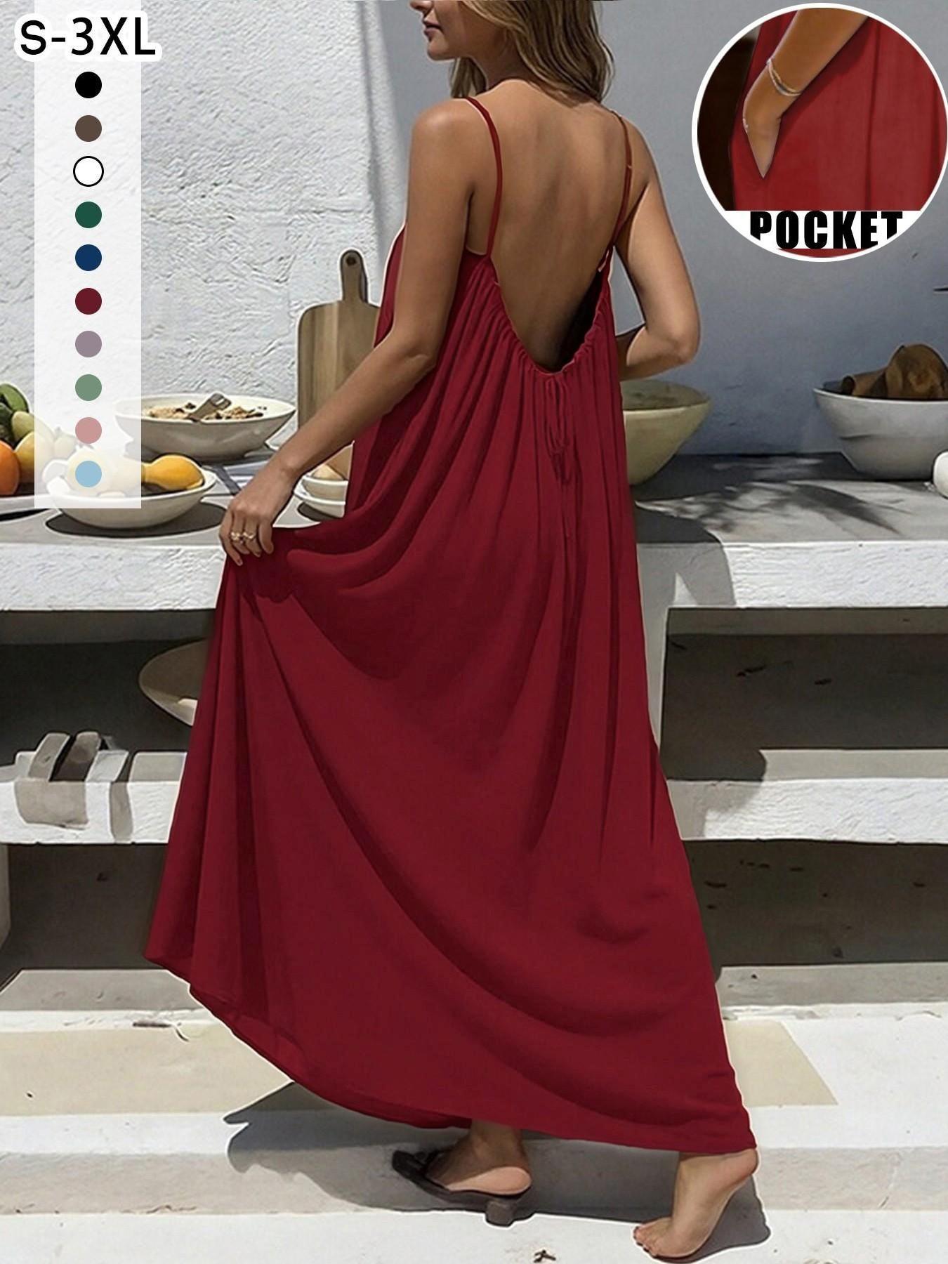 backless loose dress Women's Printed Maxi Dress Halter Neck Backless Loose  Wedding Guest - Orange / L - Fashion