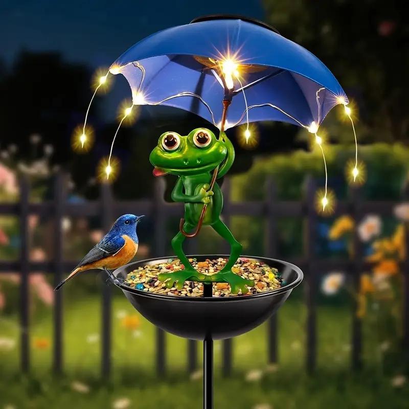 Solar LED Frog Bee Flamingo Umbrella Light with Bird Feeder, Outdoor Garden Decoration, Weather Resistant Metal Design, Yard Lawn Pathway