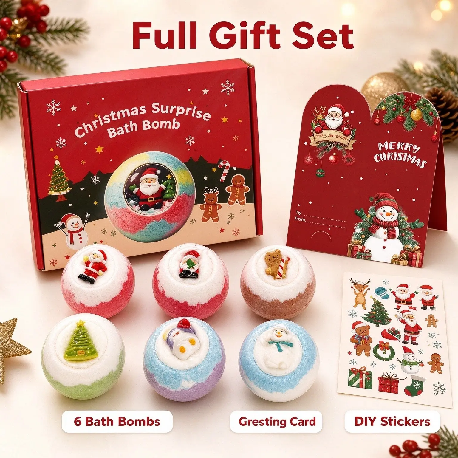 6pcs Christmas Bath Bombs with Hidden Toys, Gentle Skin-Friendly Formula, Fun Bubbly Bath Experience, Ready-To-Gift Box with Sticker