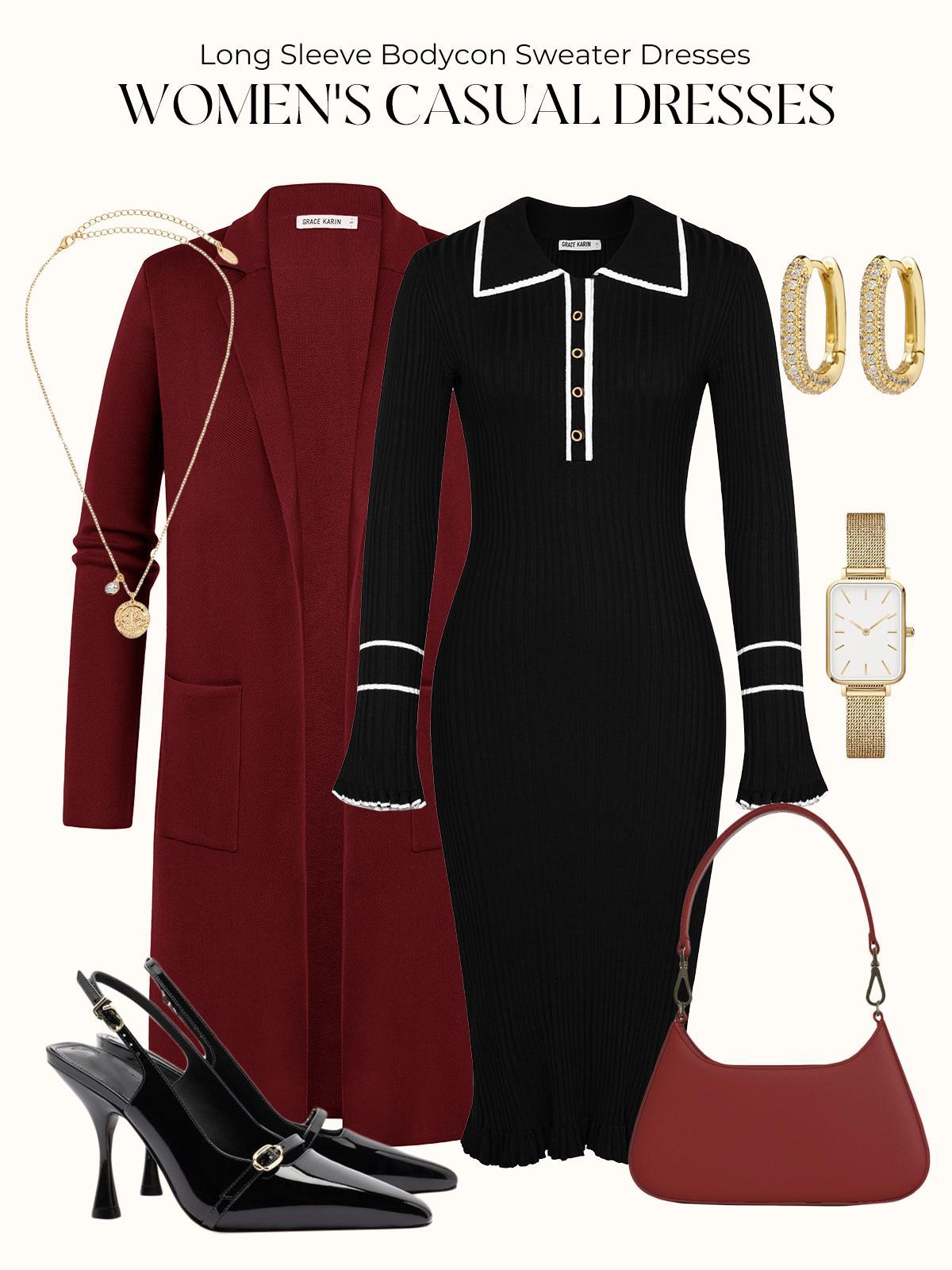 GRACE KARIN Women's Long Sleeve Sweater Dress Elegant Slim Fit V Neck Bodycon Pencil Knit Dress