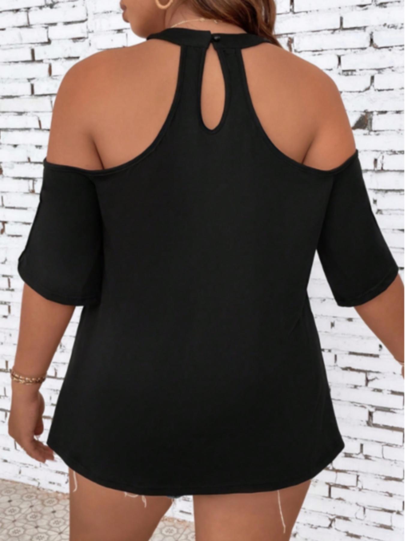 Plus Size Solid Cut Out Cold Shoulder Round Neck Tee, Casual Fashion Half Sleeve T-shirt for Summer, Summer Clothes, Ladies Clothes for Dating Daily Wear