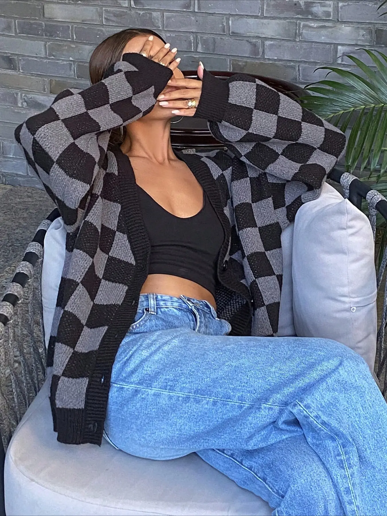Women's Y2K Gingham Cardigan, V Neck Long Sleeve Loose Fit, Winter Fashion Top, Casual Outdoor Wear, Thick Polar Fleece Material