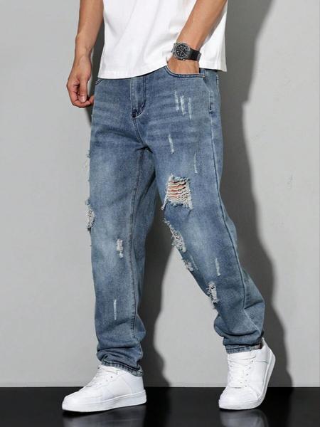 Men's Ripped Denim Jeans, Fashion Street Style, All-Season Wear, Trendy Hole Design, Comfortable Fit, Stylish Men's Clothing Men's Ripped Denim Jeans, Fashion Street Style, All-Season Wear, Trendy Hole Design, Comfortable Fit, Stylish Men's Clothing
