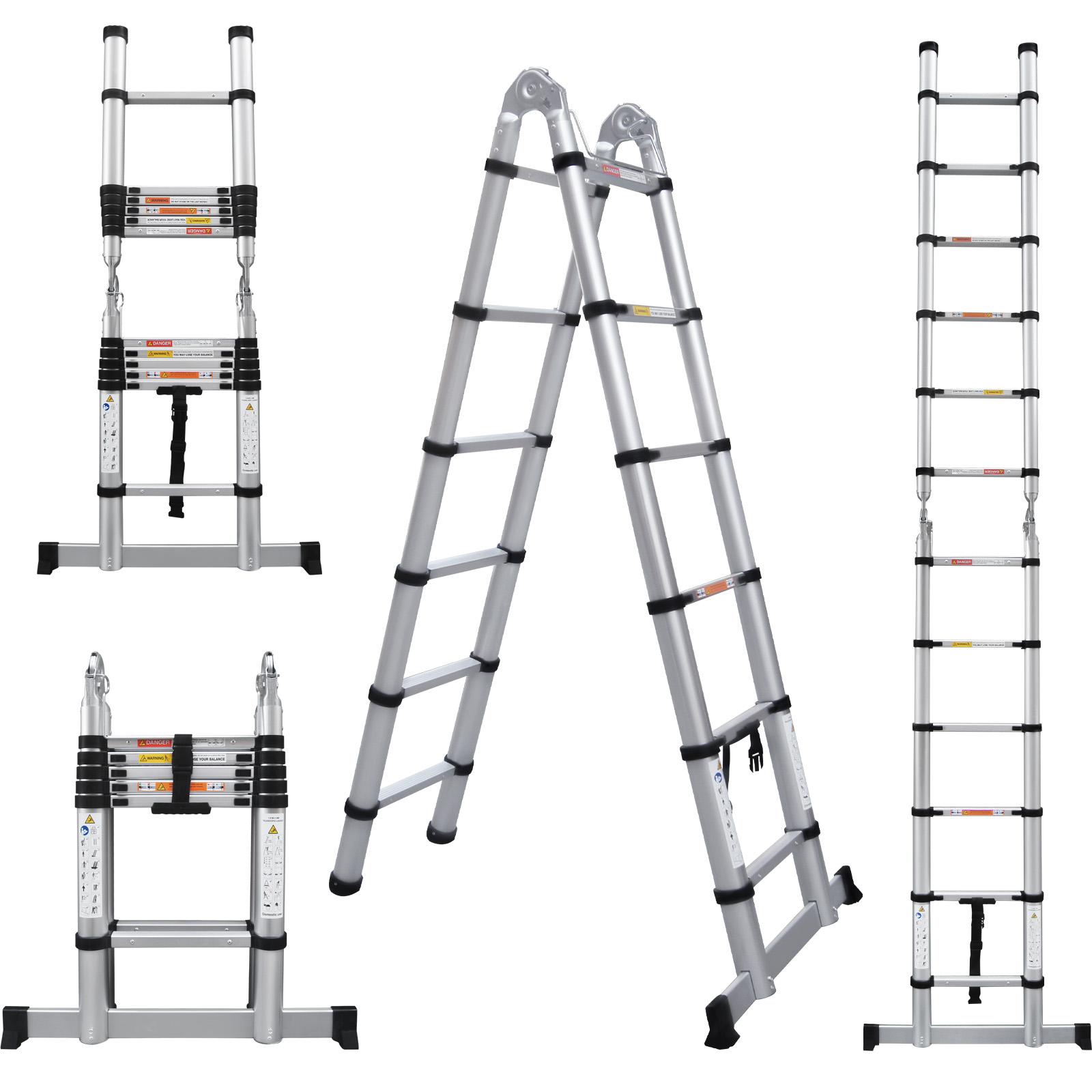 Telescoping Ladder Aluminum A-frame Extension Ladder, Folding Ladder with Stabilizer Bar and Anti-Slip Feet, 330lbs Max Load Capacity, for Home, Office ( 6.2+6.2FT / 8.2+8.2FT )