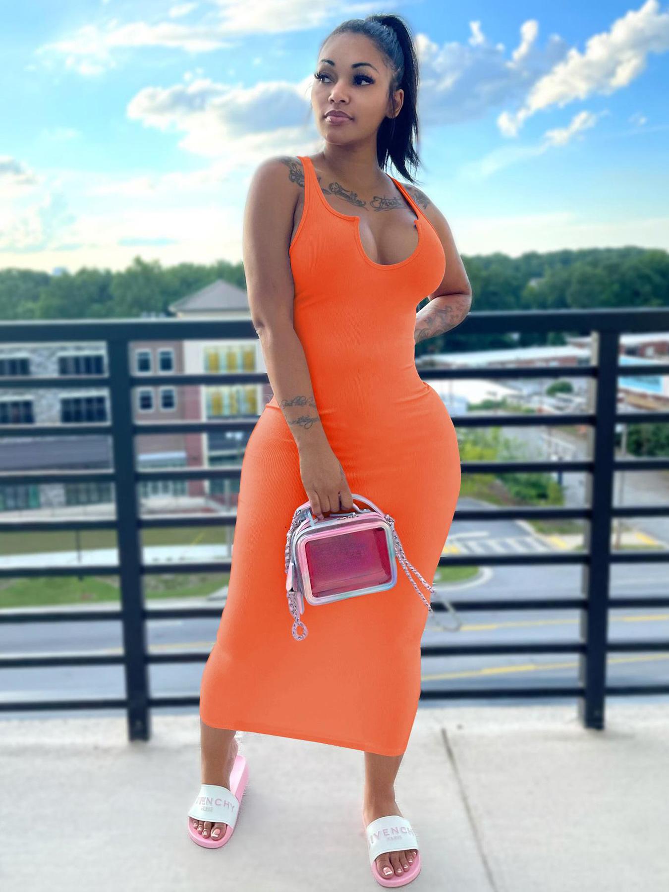Women's Sexy Plain Notched Neck Bodycon Tank Dress, Casual Basic Minimalist Comfort Long Dress for Lady Party Club Beach, Sleeveless Dresses for Women, Clothing, Lady Casual Wear, Vow Renewal Party Pink Dress, Womenswear, Nightclub, Summer Womenswear