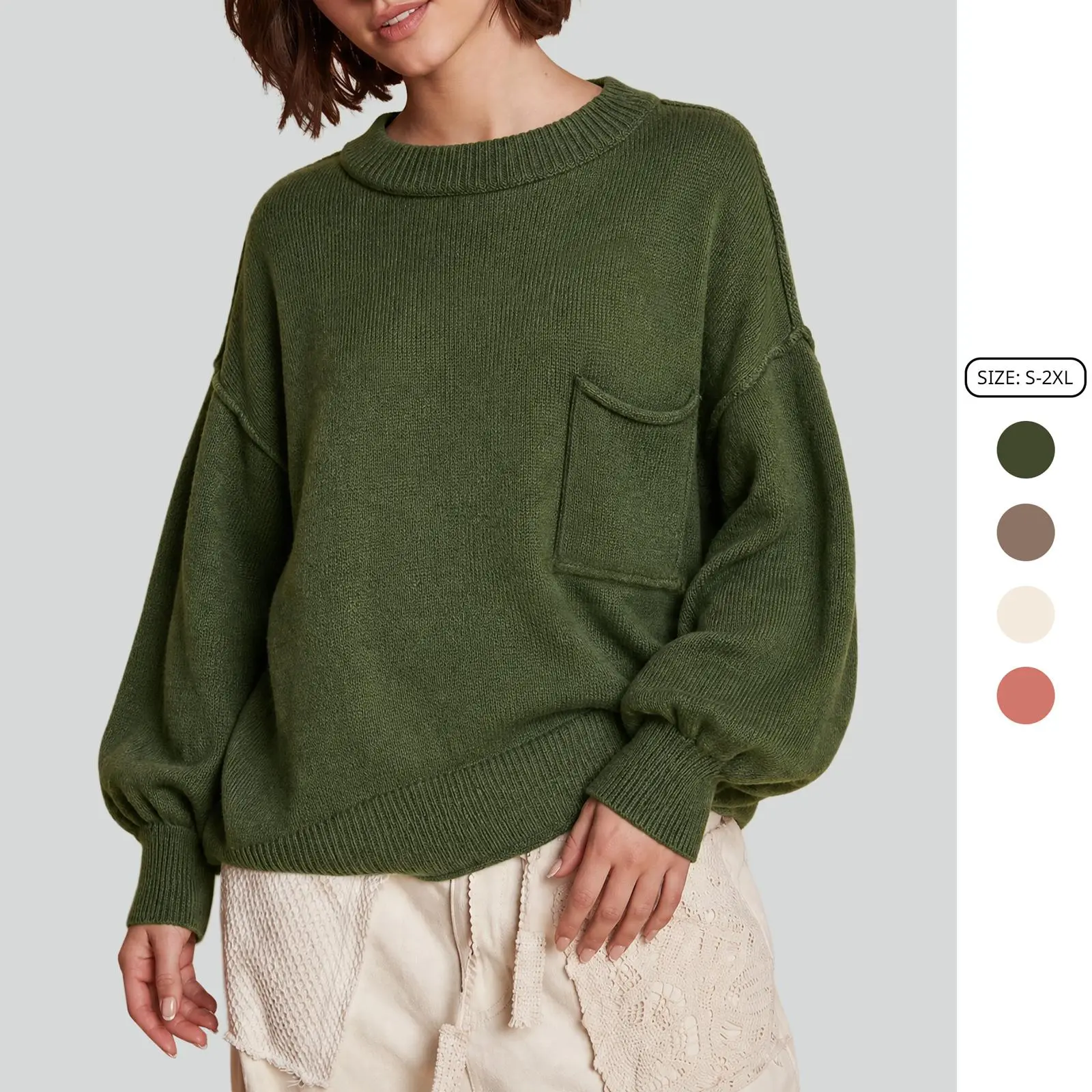 Imily Bela Women's Loose Oversized Knit Sweater - Crewneck Drop Shoulder Pullover Tops with Front Pocket & Long Sleeves