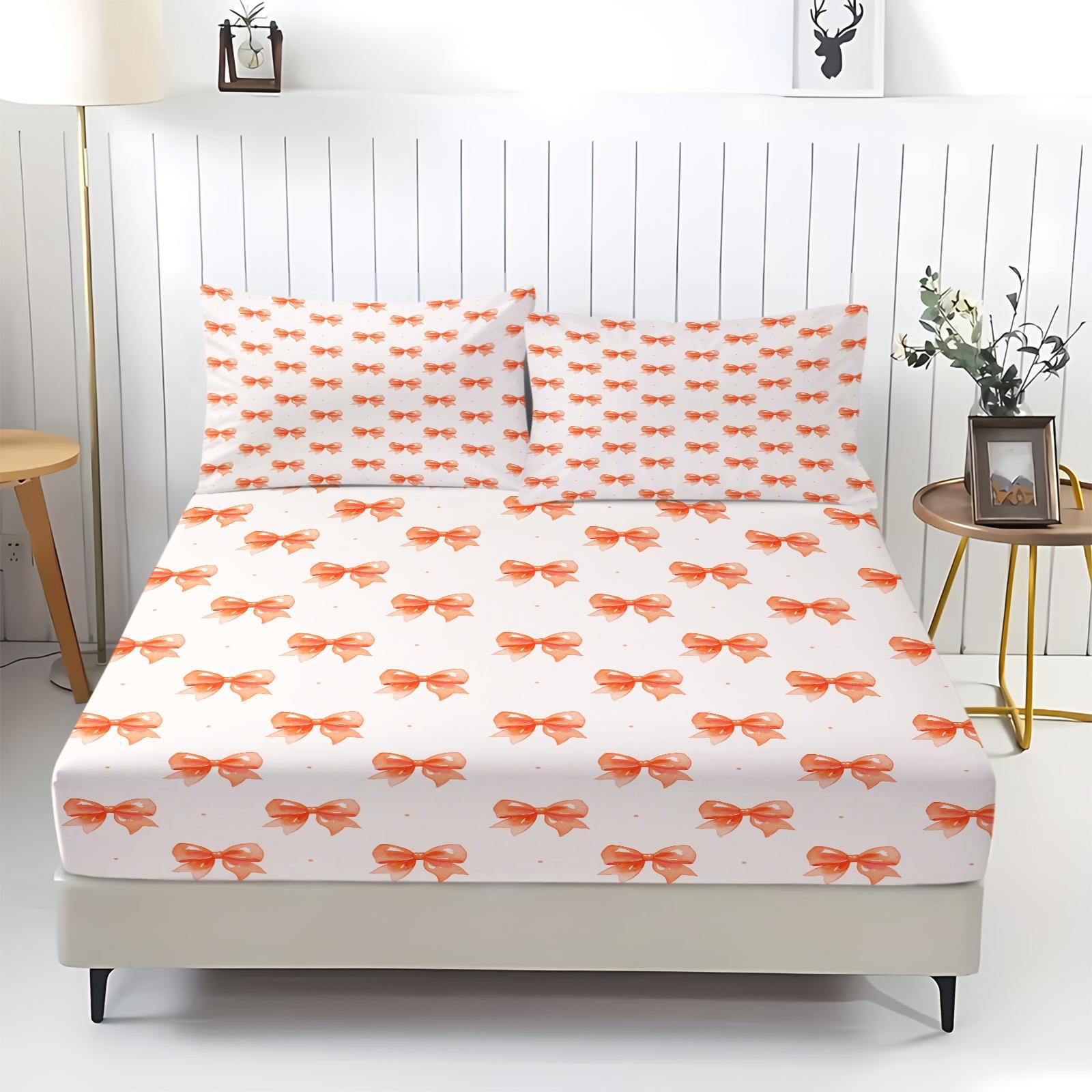 3PCS Cute Romantic Sweet Bow Fitted Sheet Set, Soft Cozy Aesthetic Bedding with Elastic All Around for Mattress, Housewarming Birthday Valentine's Day Christmas Gift for Her