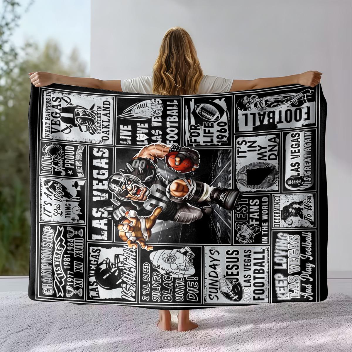 Vintage Las Vegas Football Flannel Figure Print Blanket, Retro Sports Poster Style Throw with Raiders - Inspired Graphics, “I’ll Bleed Silver & Black”, “Sundays Jesus & Football” Slogans for Fans, Soft, Heartfelt Gift Blanket
