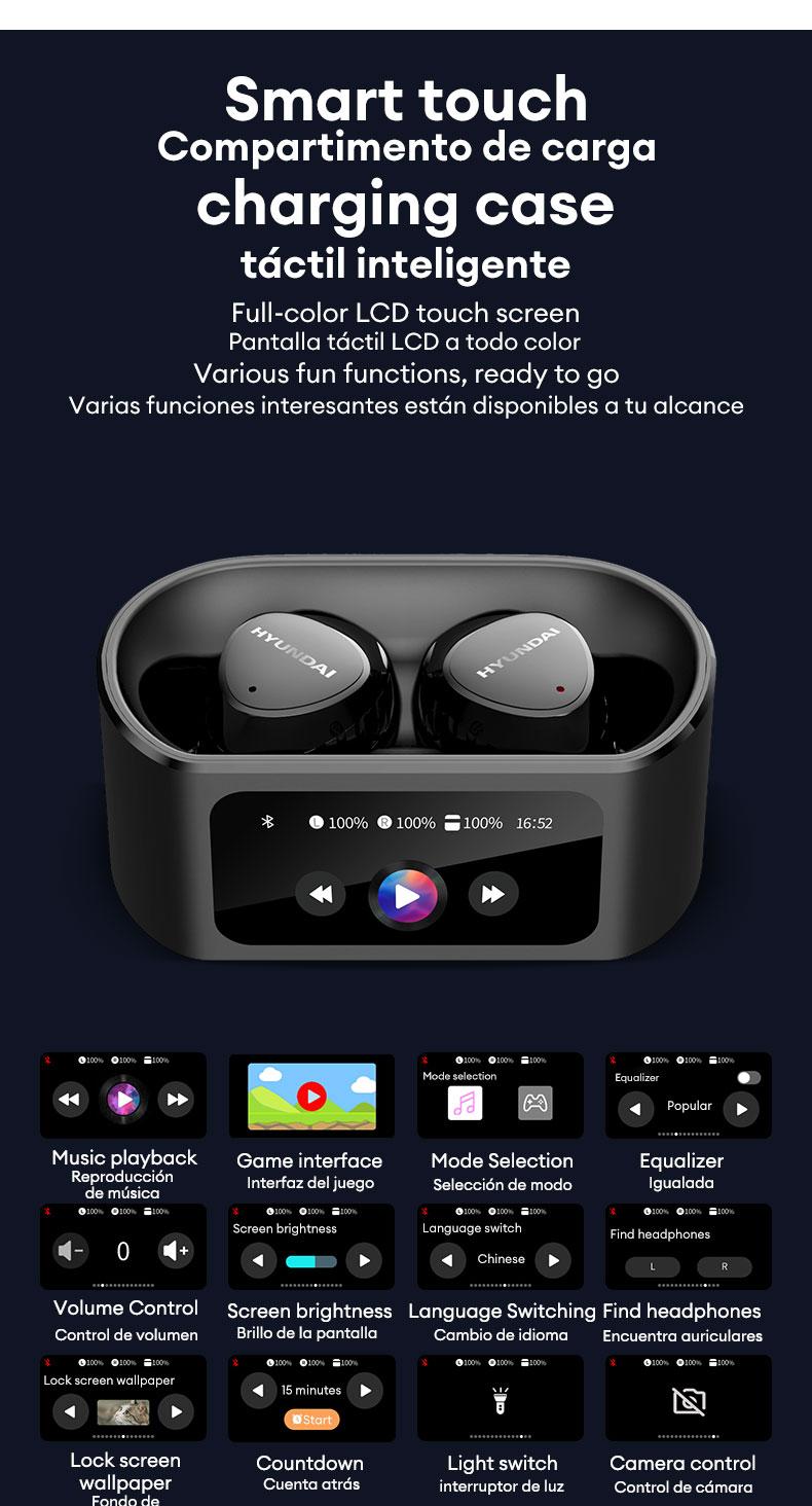 HYUNDAI SpaceAiPro Full-Color Touch Display Multifunctional Earbuds, Large Dynamic Stereo Sound Quality, Light-weigh & Waterproof Headphones with ENC Call Noise Canceling Mic