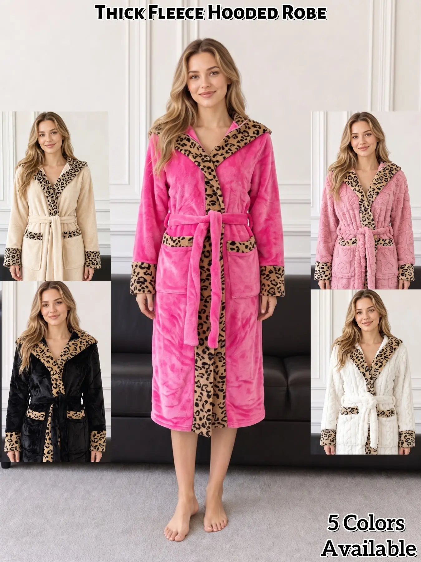 Women's Fall Winter Sweet Cool Relaxed Style Cream Leopard Print Hooded Flannel Robe, Tie Belt Dual Pockets Long Home Bathrobe