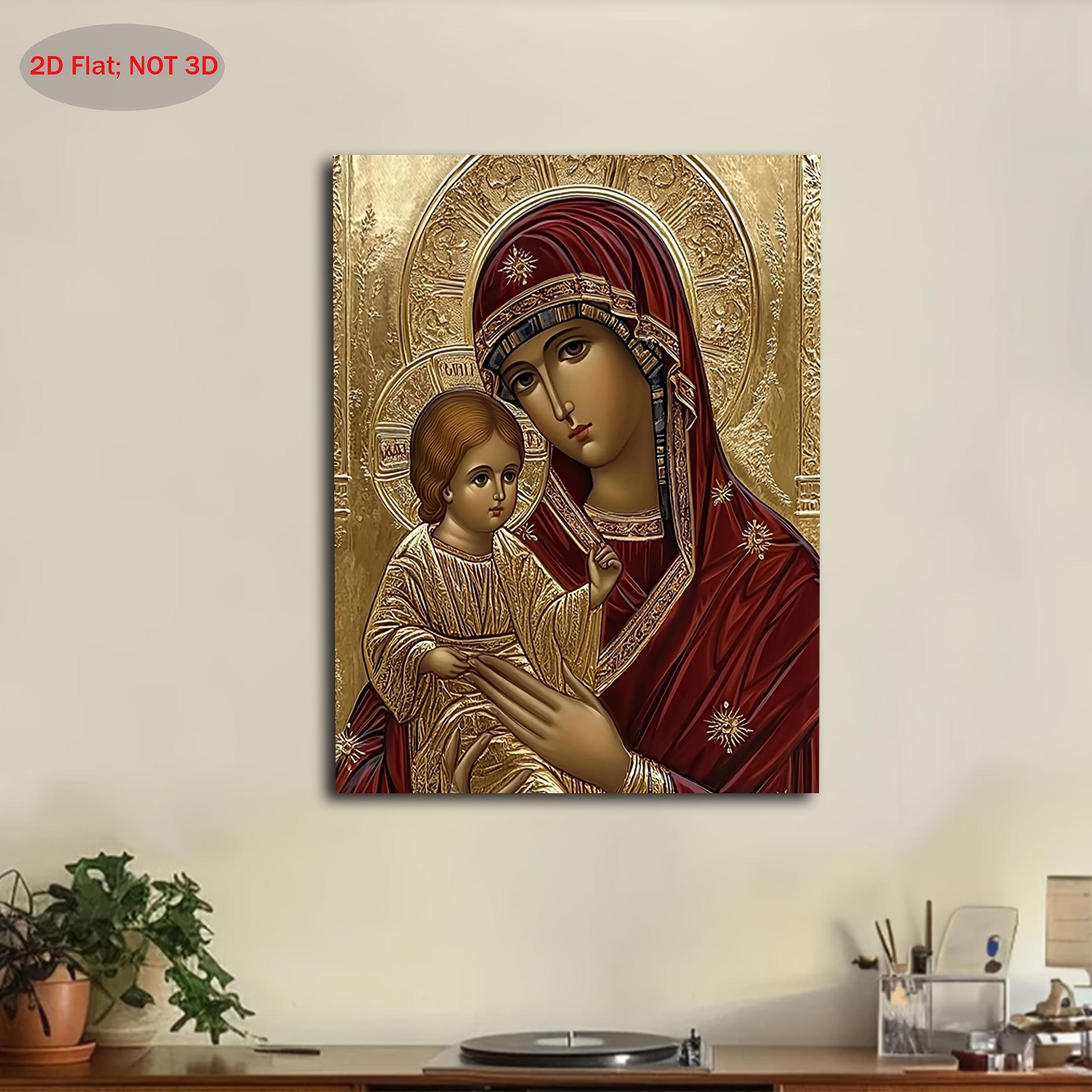 2D flat design, one Byzantine Russian Orthodox image of the Virgin Mary and Infant Christ - traditional Oriental religious art, gold background, red robe, canvas oil painting - wooden frame, home/church decoration - a spiritual gift for Christmas, Easter,