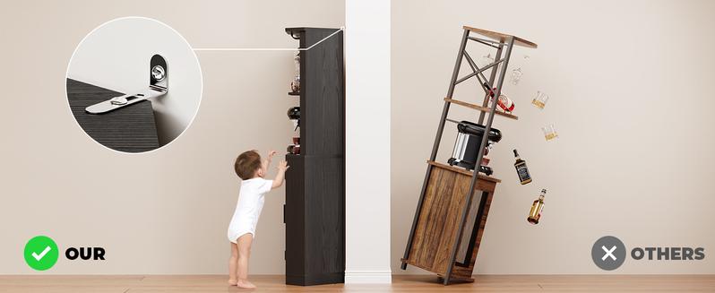 BROTTAR Corner Bar Cabinet with LED Lights, 65" Tall Wine Cabinet with Glass Holder & Tempered Glass Door, 4-Tier Liquor Alcohol Cabinet & Coffee Bar with Human Body Sensor for Dining Room, Black