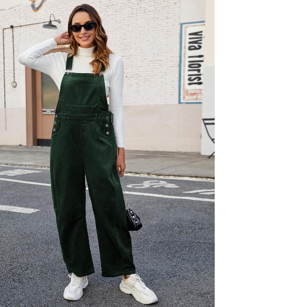 Buenoble Fall Corduroy Overalls for Women Barrel Wide Leg Bib Corduroy Pants Adjustable Romper Jumpsuit with Pockets