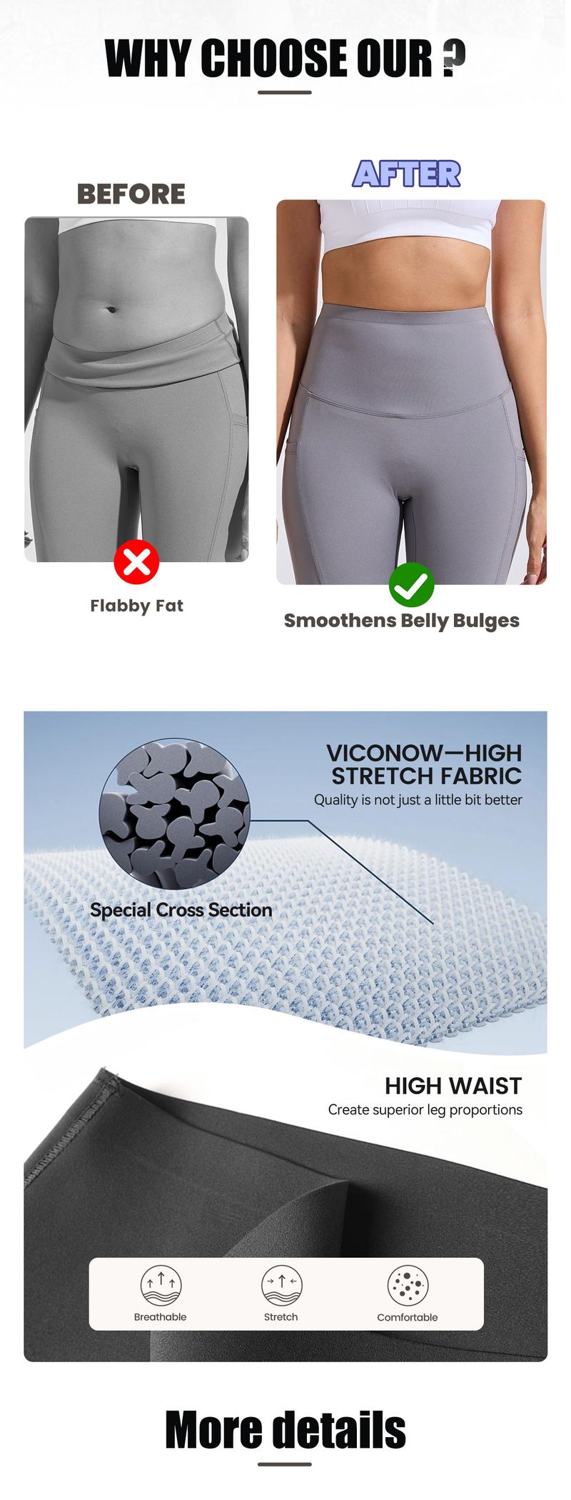[Size up recommended] Viconow Tummy Control Leggings for Women with Pockets - High Waist Bike Pants for Gym Workout Athletic Casual Daily Wear Solid Color Comfortable Fit