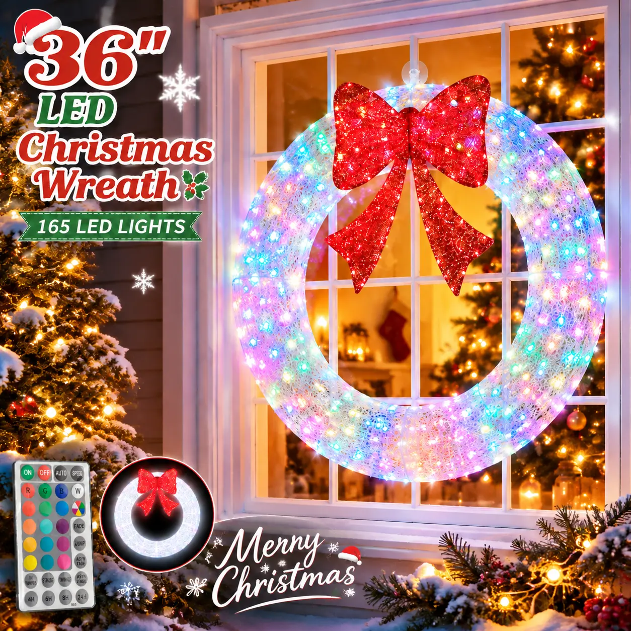 36" Lighted Christmas Wreath with Red Bow, 165 LED Christmas Lights for Window & Door Decoration, Outdoor Xmas Hanging Decor, Festive Holiday Home Decoration with Multiple Colors and Lighting Modes