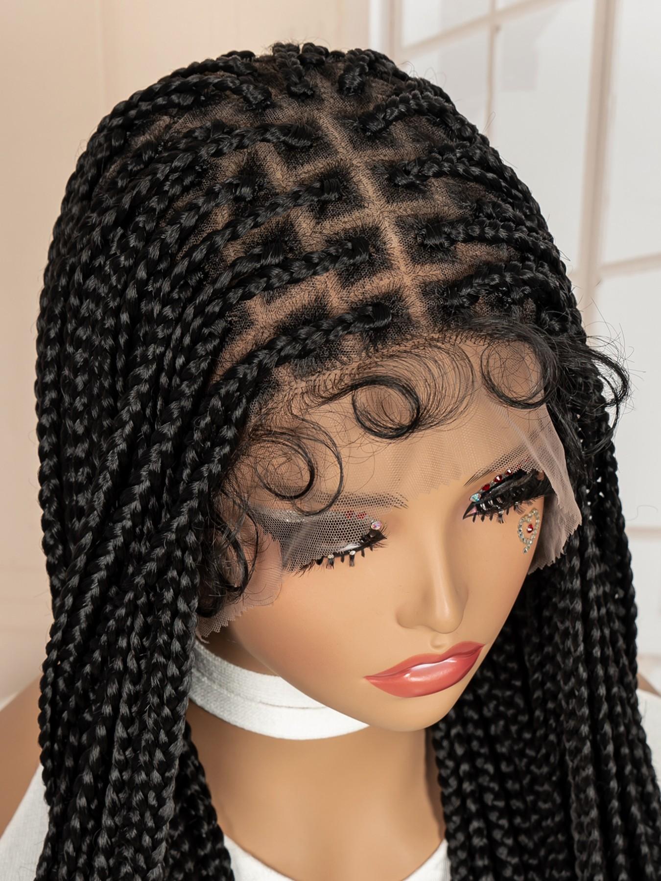 36 Inch Full Lace Box Braided Wig for Women, Pre-Plucked Natural Hairline, Knotless Braids, Handmade Extra Long Cornrow Braids with Baby Hair