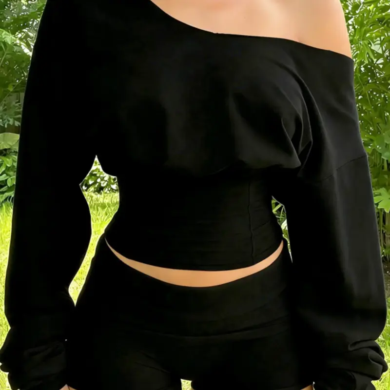 Women's Casual Long Sleeve Tops and Shorts Basic Two-Piece Matching Set for Spring & Autumn
