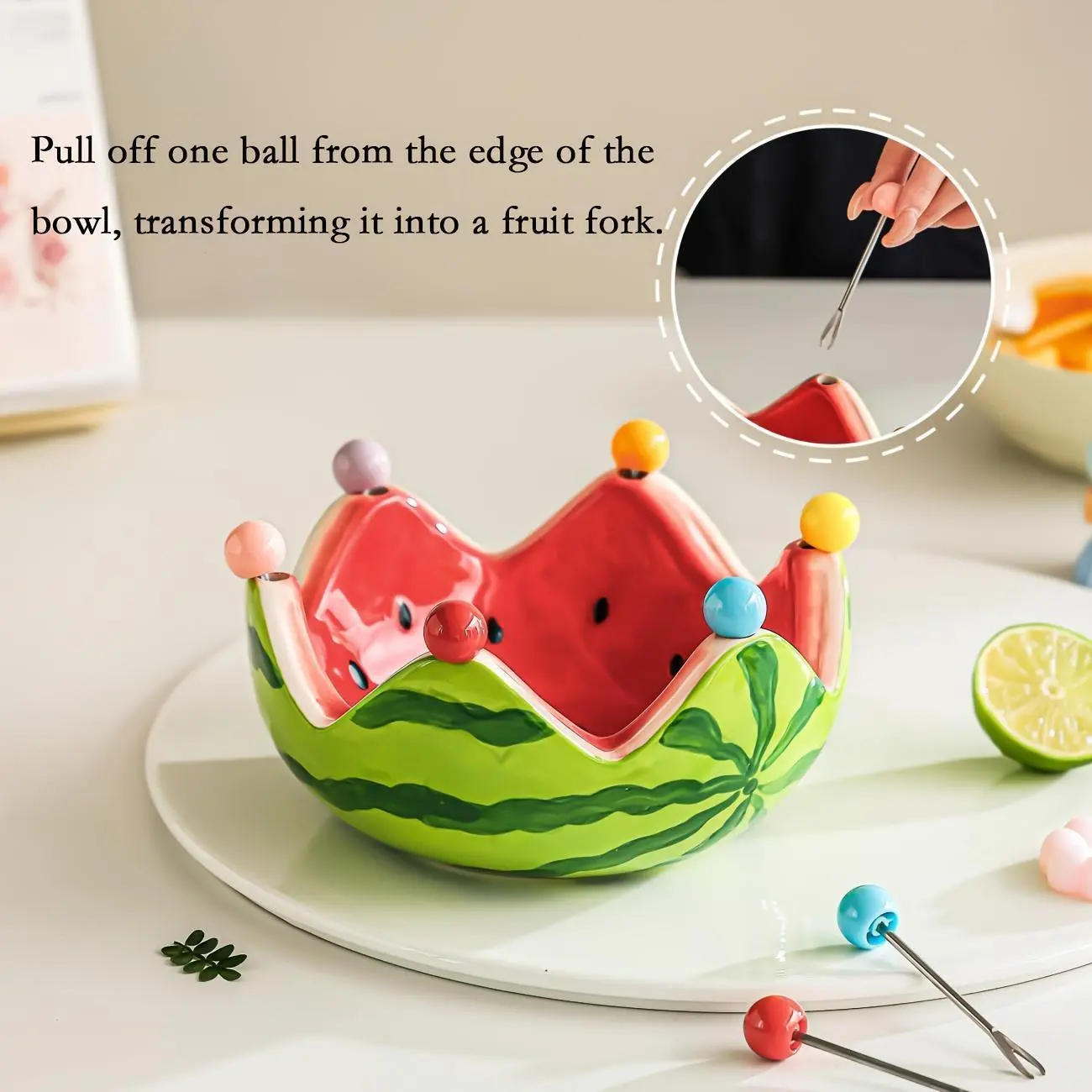 1 Set of 7 Pieces, Including 6 Ceramic Watermelon Bowls with Forks, Stainless Steel Dessert Fruit Forks, Portable Dessert Cutlery - Suitable for Fruits and Desserts - Ideal for Home, Hotel, and Gifting