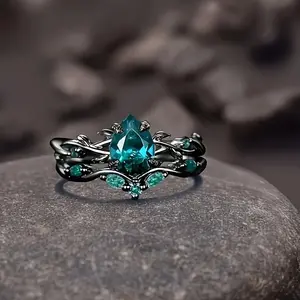 2pcs Elegant and Gothic Black and Green Engagement and Wedding Ring | Grape-shaped Emerald Design Inspired by Tree Branches, Symbolizing Eternal Love, Suitable for Daily and Party Occasions, Zinc Alloy with Synthetic Zirconia