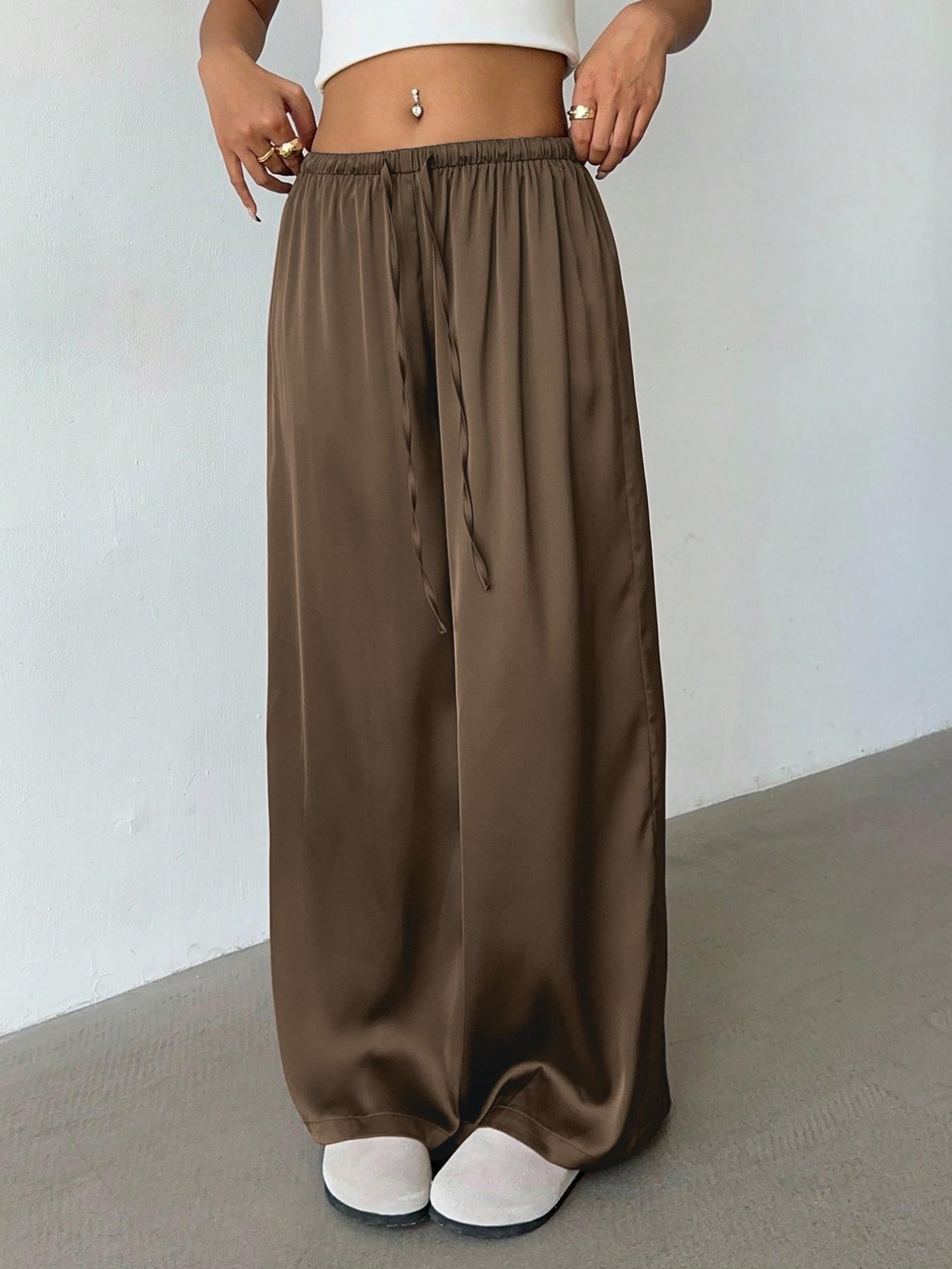 Women's Satin Casual Long Pants, Elastic Waist with Side Pockets, Wide Leg, Fashionable and Versatile, Perfect for Daily Wear, Travel, Vacation