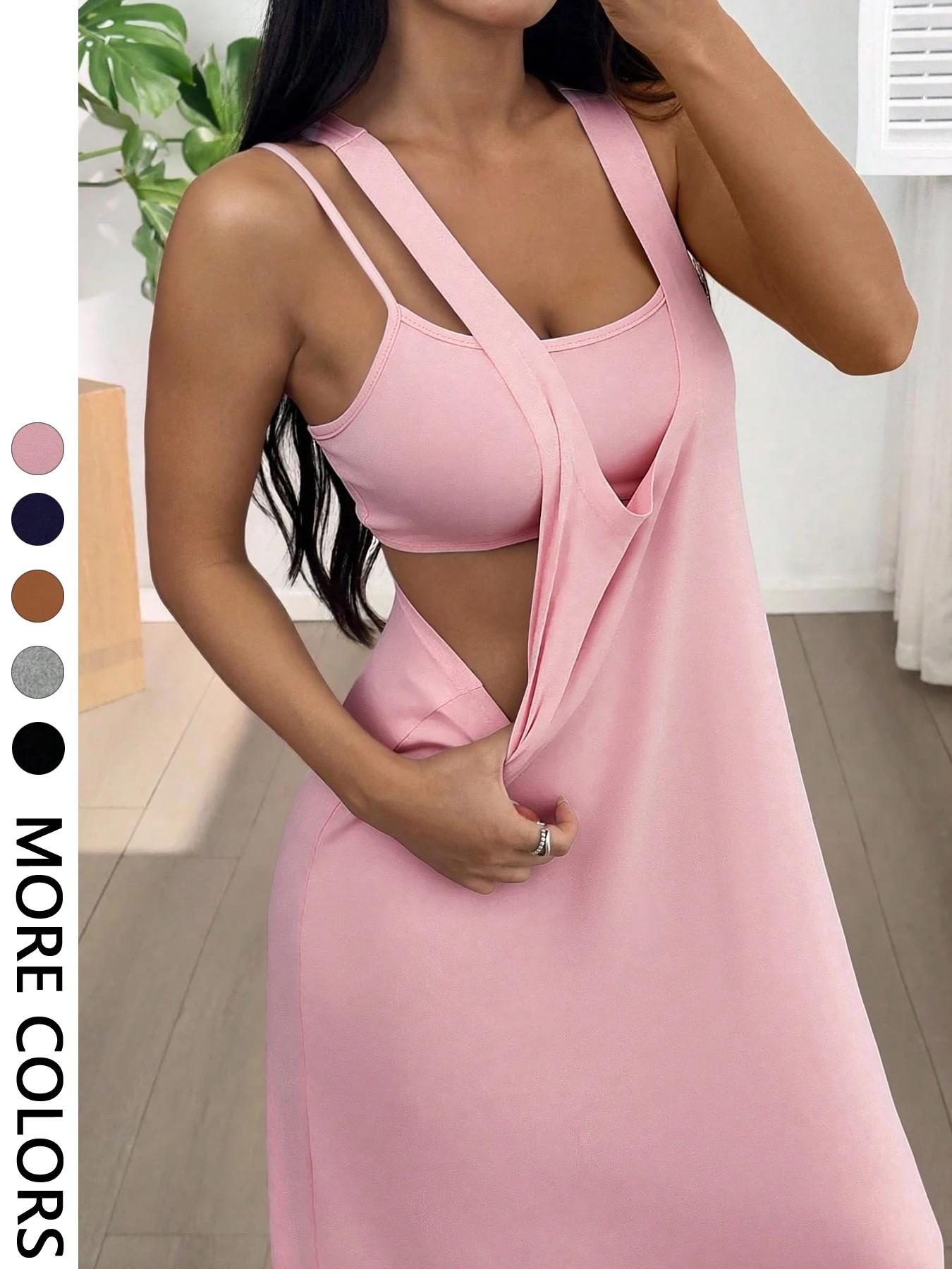 Women's 2pcs Heather solid color Tank Top & Cutout Maxi Dress Set , Soft Stretchy Fabric & Double-Strap Design Women's 2pcs Heather solid color Tank Top & Cutout Maxi Dress Set , Soft Stretchy Fabric & Double-Strap Design