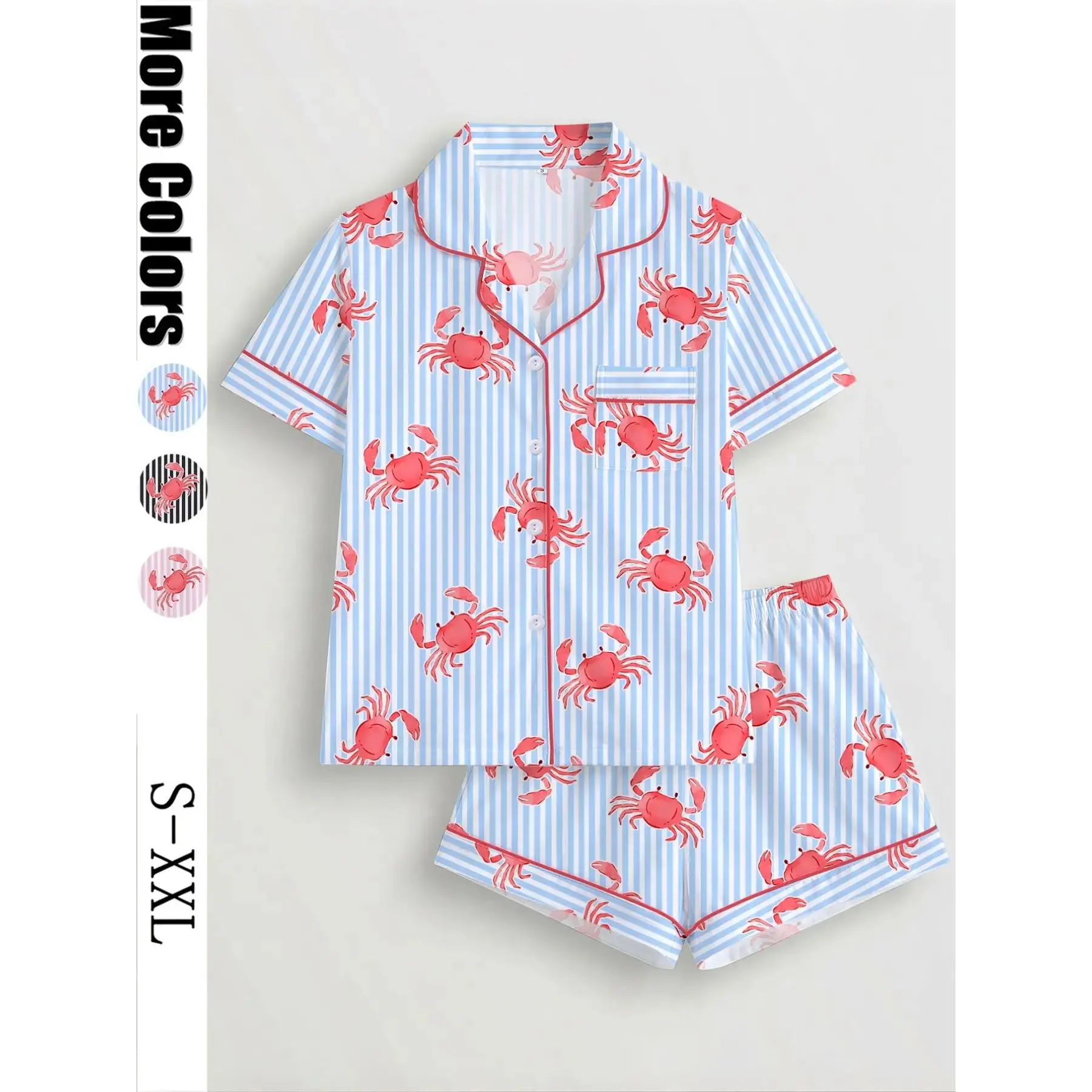 Women's 2-Piece Crab Print Collared Pajama Set, Short-Sleeve Button-Up Top & Elastic Shorts, Casual All-Season Sleepwear, Homewear and Loungewear Set for Home and Party, Pyjamas, Lounge Pajama Style