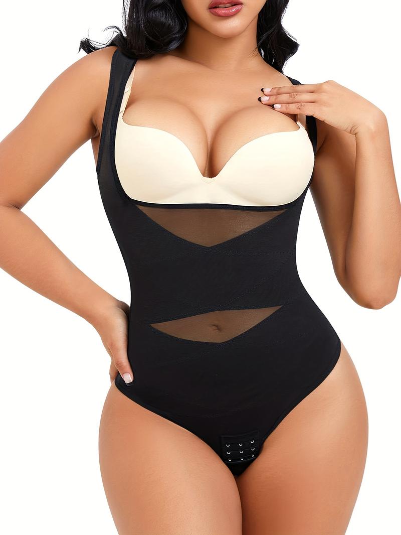 Women's Contrast Mesh Thong Design Shapewear Bodysuit, High Stretch U Neck Tummy Control Shapewear Clothing, Ladies Shapewear for Daily Wear, Garment