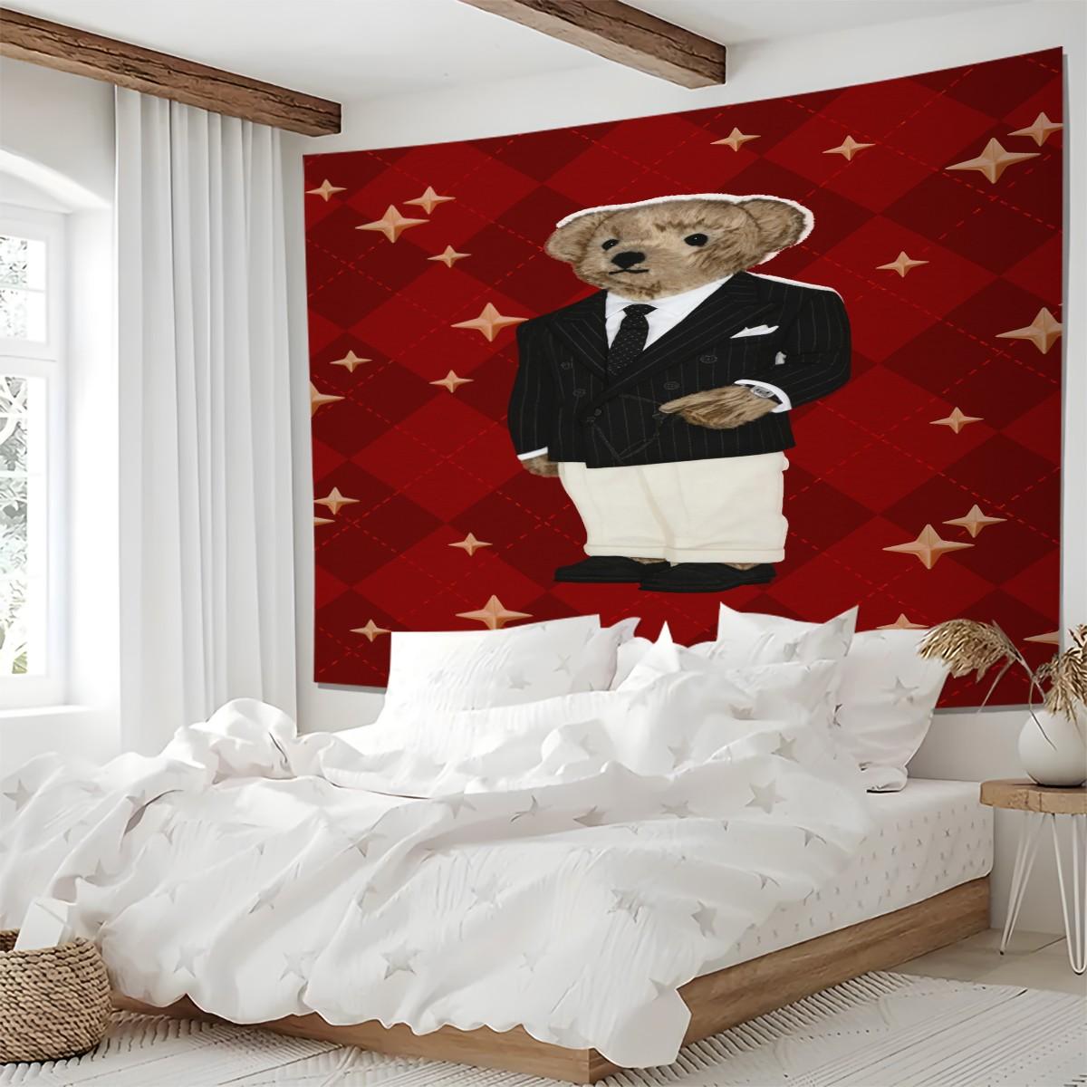 Vintage American Polo Bear Tapestry, Red Gentleman Bear Multi-Style, Wrinkle-Resistant, Wall Hanging Decor for Living Room Bedroom Backdrop