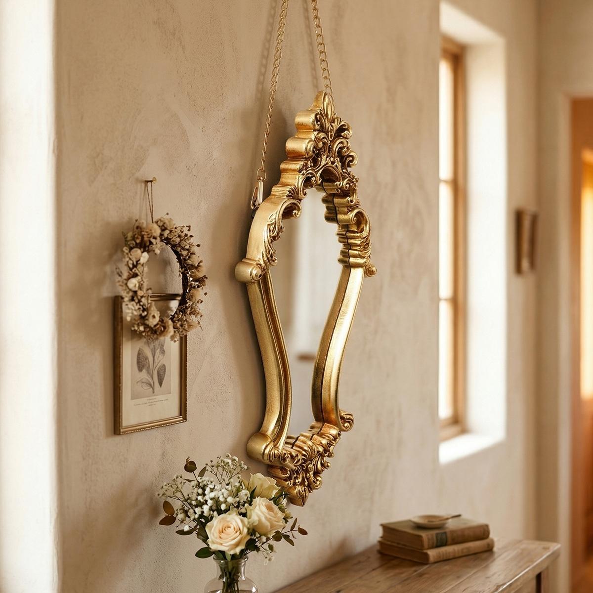 European Vintage Wall Mirror, Resin Hand-Painted Makeup Mirror, Home Decor Art, Bathroom, Vanity, Gift, Photography Prop