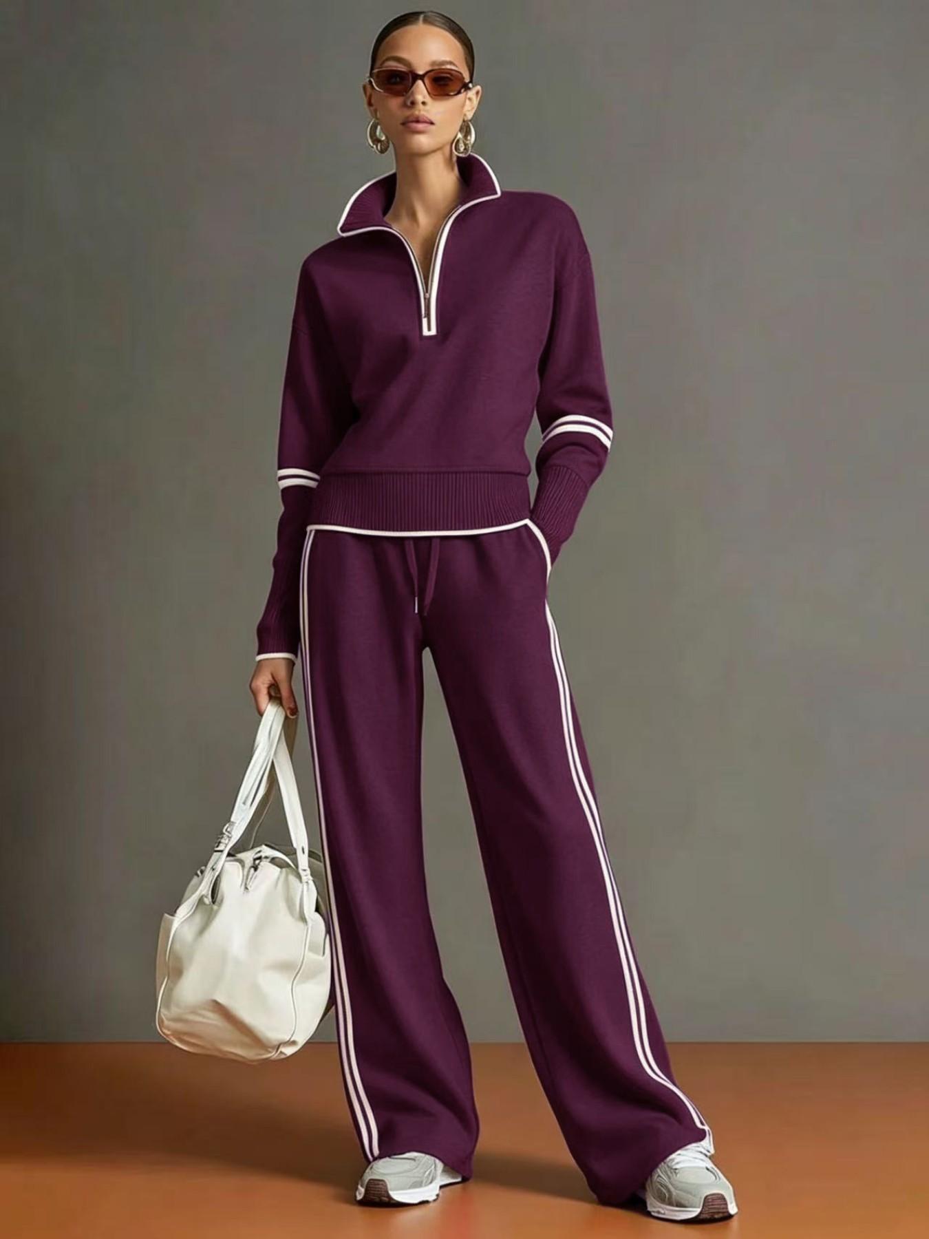 2026 New Casual Sports Set, European and American Fashion Style, Colorblock Stand Collar Sweatshirt, Wide Leg Pants Two Piece Set