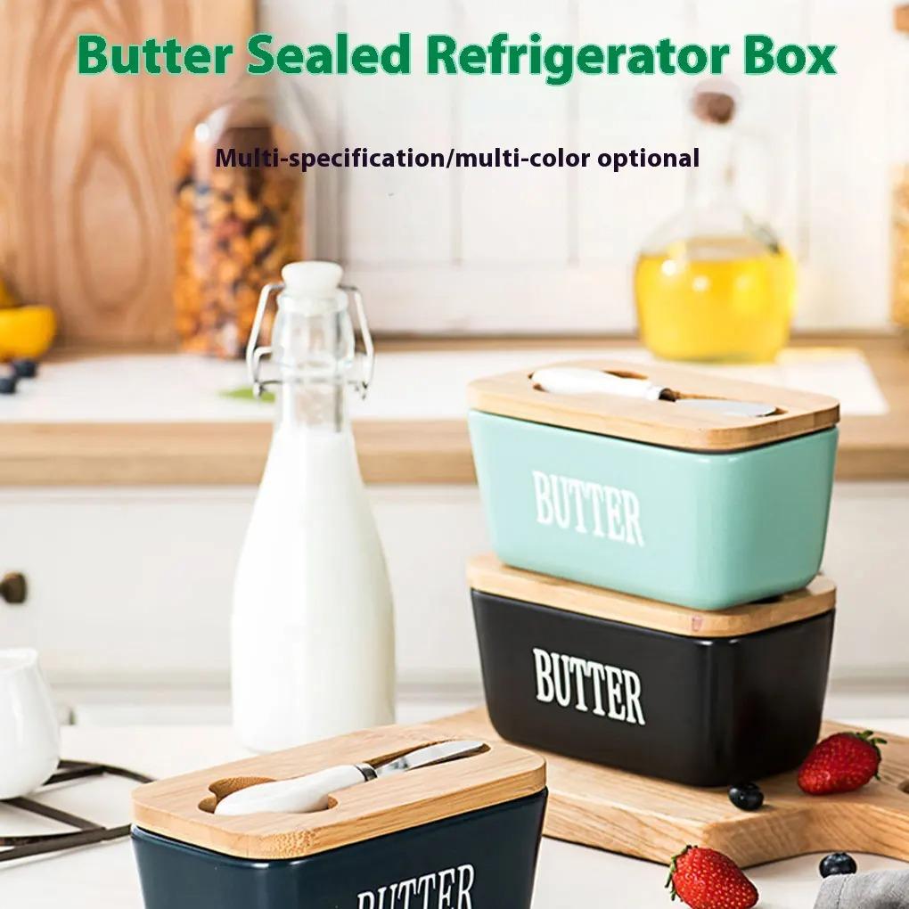 Ceramic Butter Dish with Knife, Rectangular Cheese Container with Wooden Lid, Ceramic Butter Box for Kitchen Use