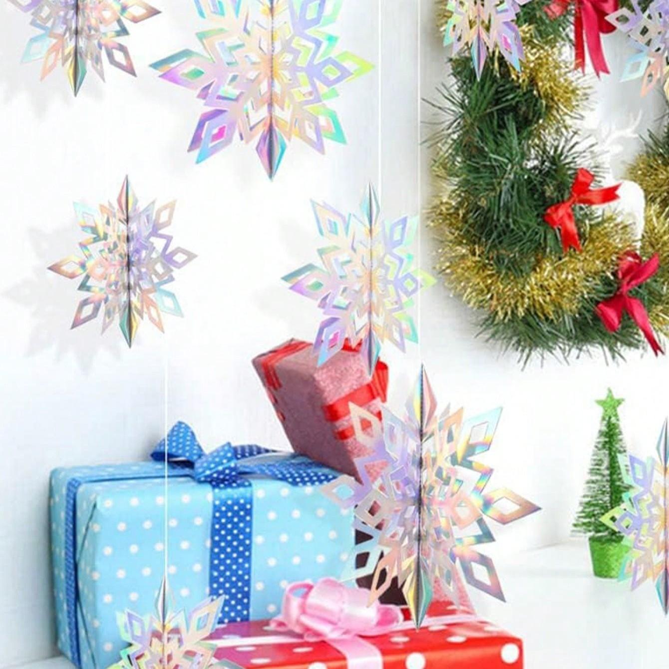 Christmas Hanging Snowflake Decor Set, 6/12 Pieces, 3D Rainbow Paper Snowflakes, Winter Wonderland, Christmas & Birthday Party Decoration