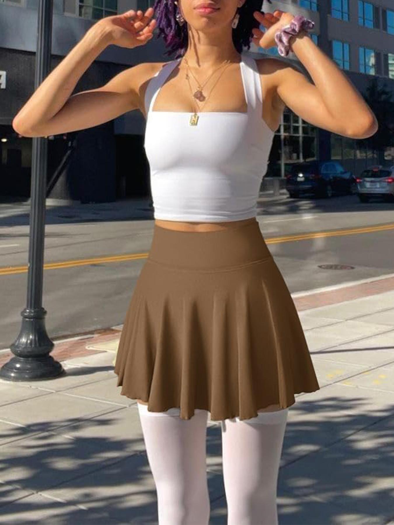 Women's Solid Color 2 in 1 High Waist Pocket Sports Skort, Casual Sporty Skort, Casual Comfy Breathable Skort for Tennis Golf, Ladies Sportswear for All Seasons