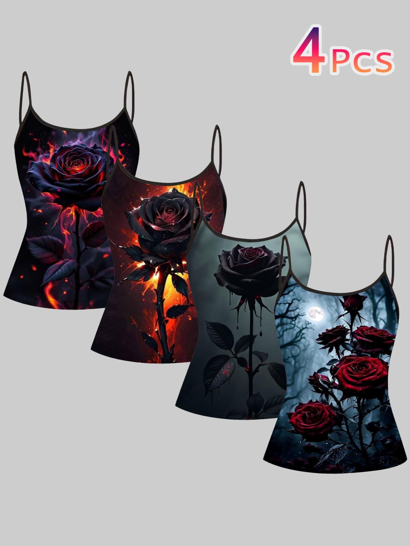 Dark Gothic Flame Rose Print Strappy Top, Summer Home Sleepwear Outerwear, Unique Slim Fit Shirt Set of Four Pieces