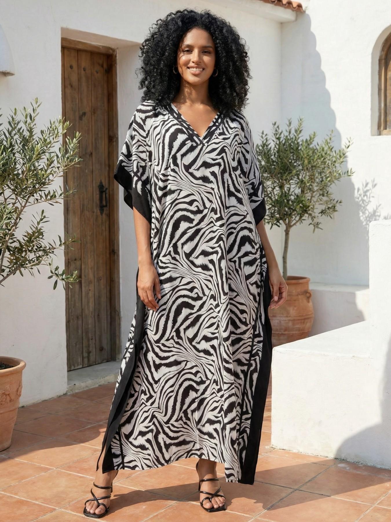 EDOLYNSA Striped Women's Casual Kaftan Long Dress Oversized Chic Bohemian House Robe Beachwear Vacation Bathing Suit Cover Up Lounge Wear
