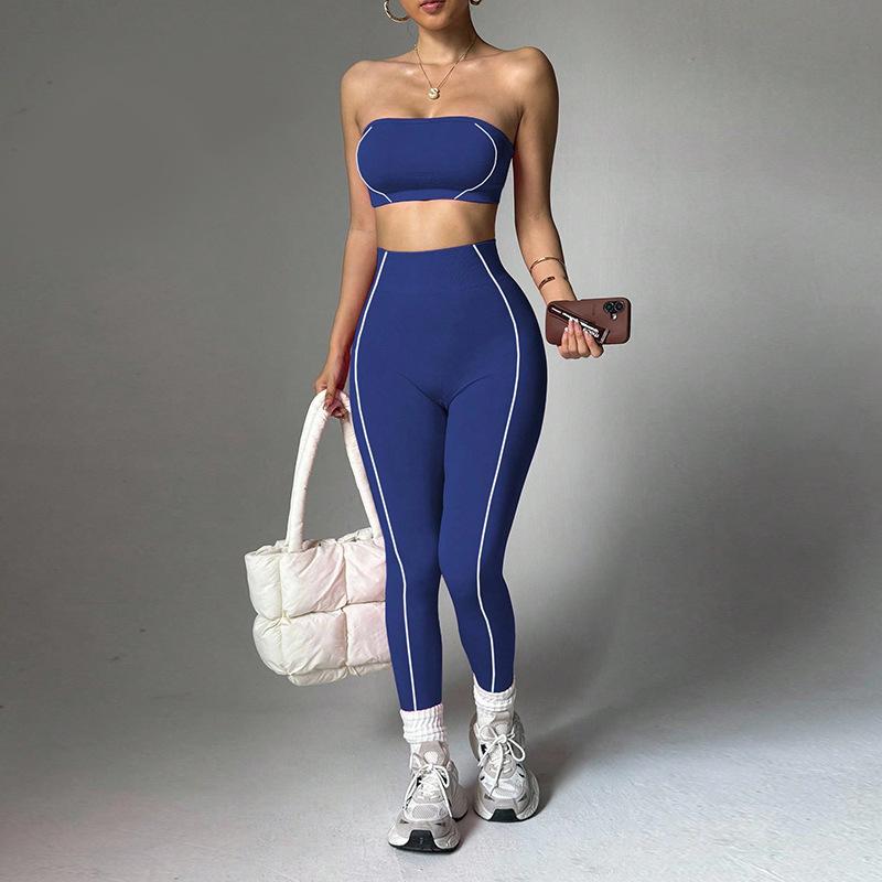 New yoga outfit for women, color-blocked bustier top, peach butt slim-fit long pants, fitness sportswear