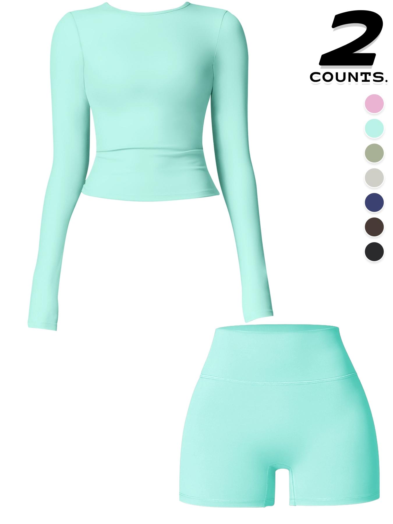 Women's Sporty Long Sleeve Top & Shorts Set, High Waist Tight-Fit Above Knee Activewear, Sweat-Wicking Quick-Dry Fabric for All Seasons, Solid Sports Sets, Gym Clothes Workout