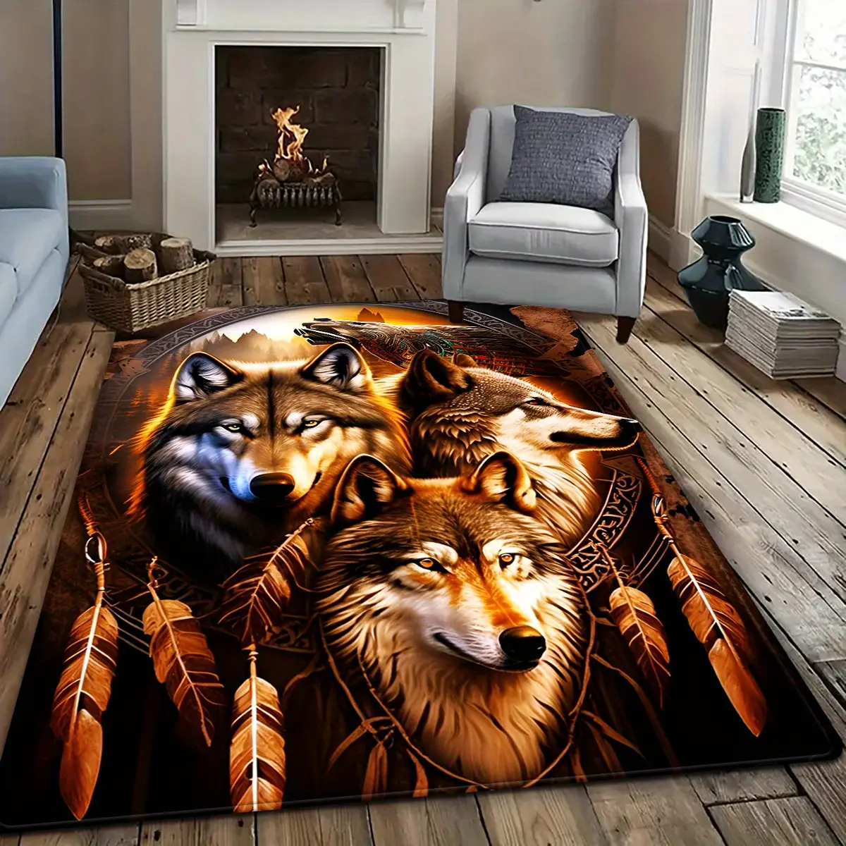 Tribal Wolf and Feather Large Area Rug - Wild Animal Native Pattern Indoor Decor Floor Carpet, Non Slip Area Rug for Living Room Bedroom Game Room Man Cave Home Decor