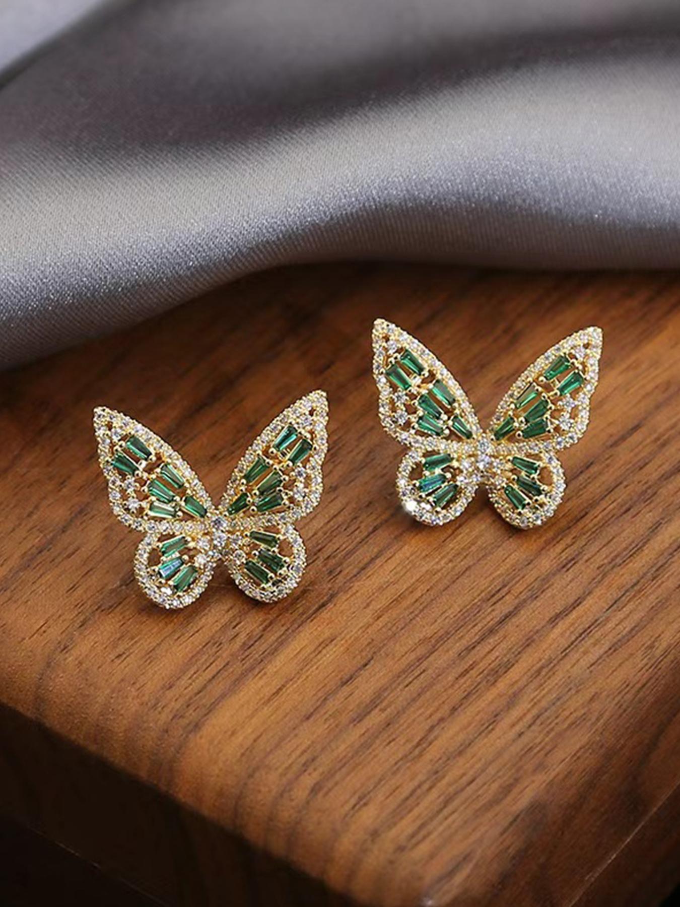 Women's Hypoallergenic Luxury Rainbow Crystal Butterfly Stud Earrings, Gold Plated Full Paved Multi-Color Rhinestone Inlaid Statement Earrings, Fashion Jewelry for Party Wedding Everyday Wear & Gift