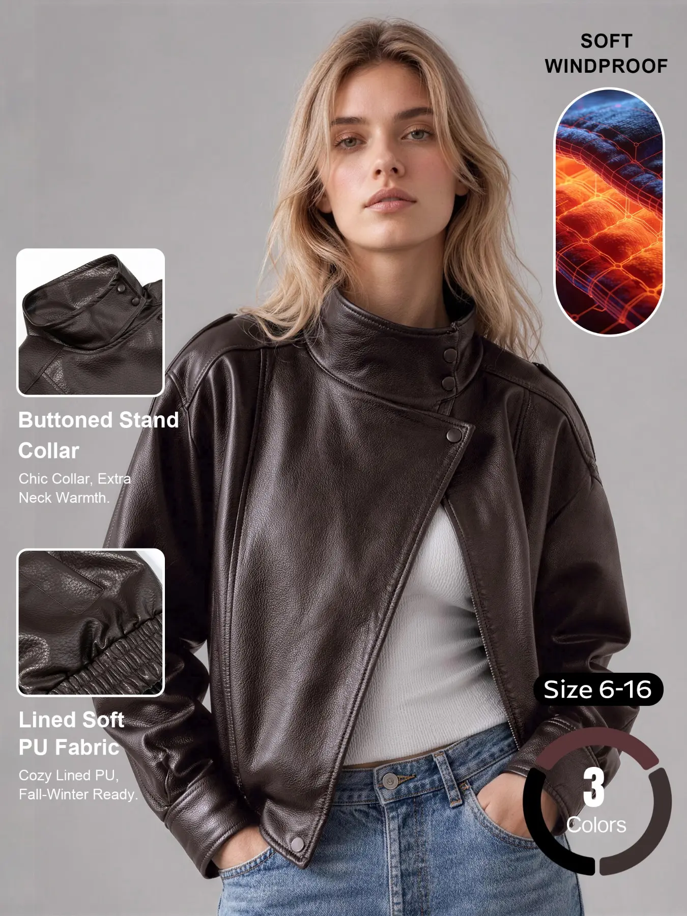 Women's Stand Collar Zip & Button PU Biker Jacket, Faux Leather Bomber Jacket for Fall & Winter, Durable Windproof Lined Outerwear with Side Pockets #TikTokMadeMeBuyIt #StreetStyle #Windbreaker