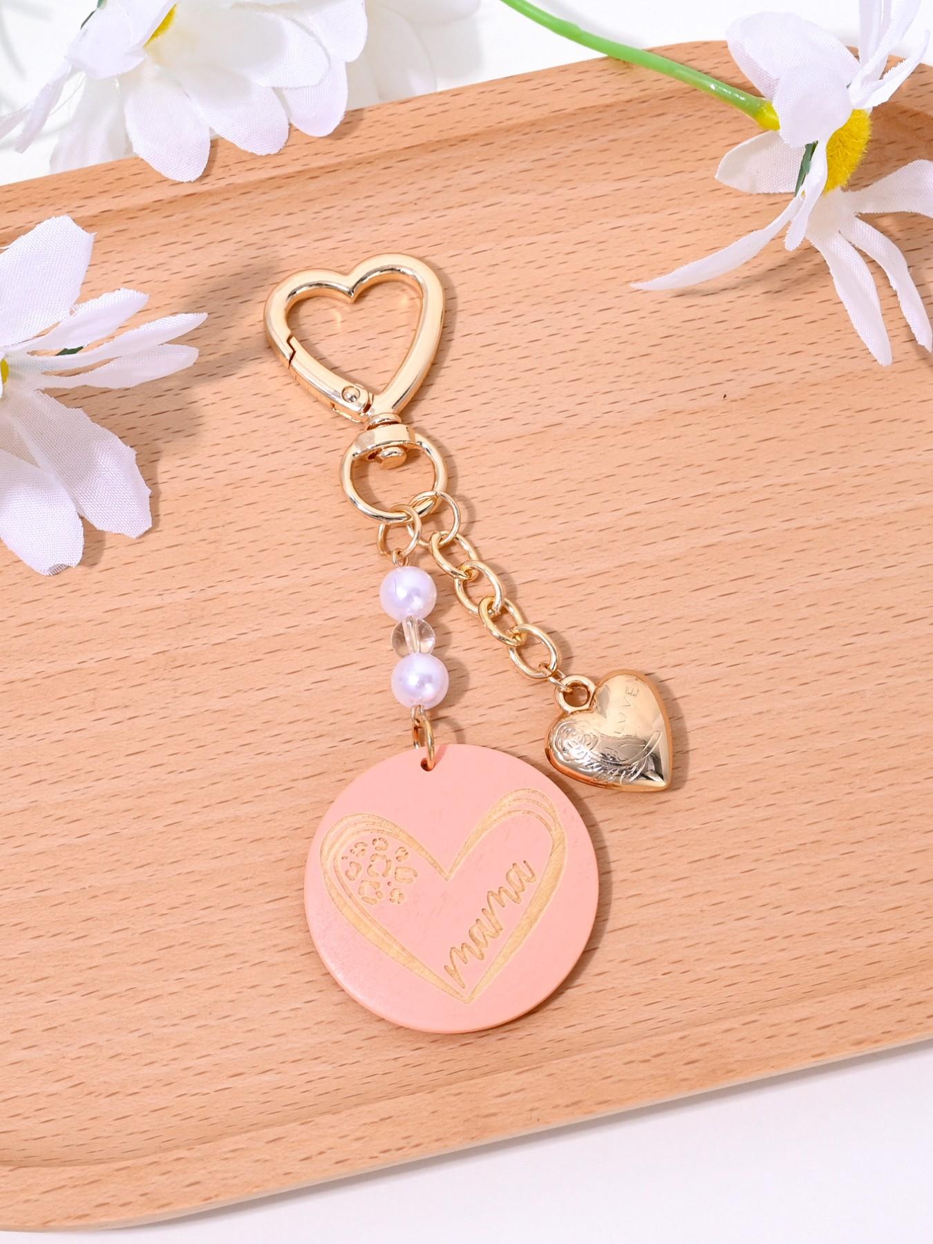 Creative Fashion Mama Wooden Sign Heart Artificial Pearl Keychain, Perfect Mother's Day Gift for Women, Bag Decoration