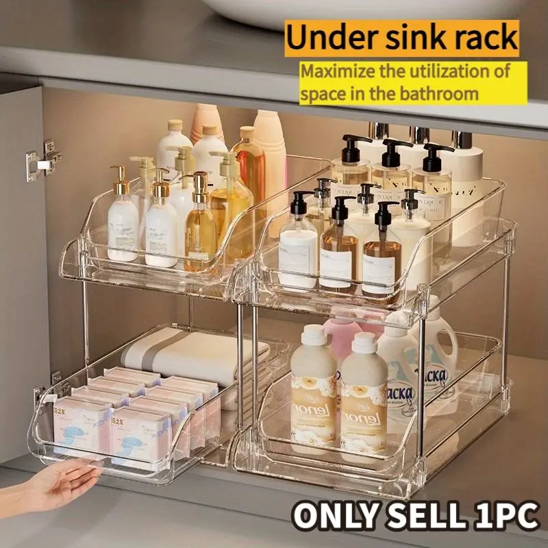 2/3 Layers Transparent Plastic Pull-Out Bathroom Shelf, Under Sink Organizer, Bathroom Organizer Supplies, Bathroom Organizing Accessories, Compact Design for Shampoo, Conditioner & Soap, Sleek Bathroom Rack