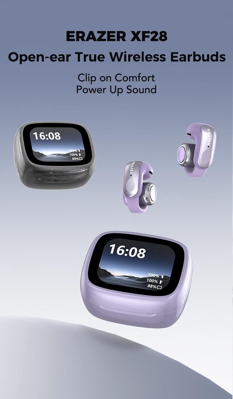 ERAZER XF28 Translation Earbuds Real Time Clip-on Open Ear Translation Wireless Earbuds  Wireless Headphones With Audio-Visual Future Touch Screen,for Sports Running Working Fit IOS & Android  Download App to use Translation Function