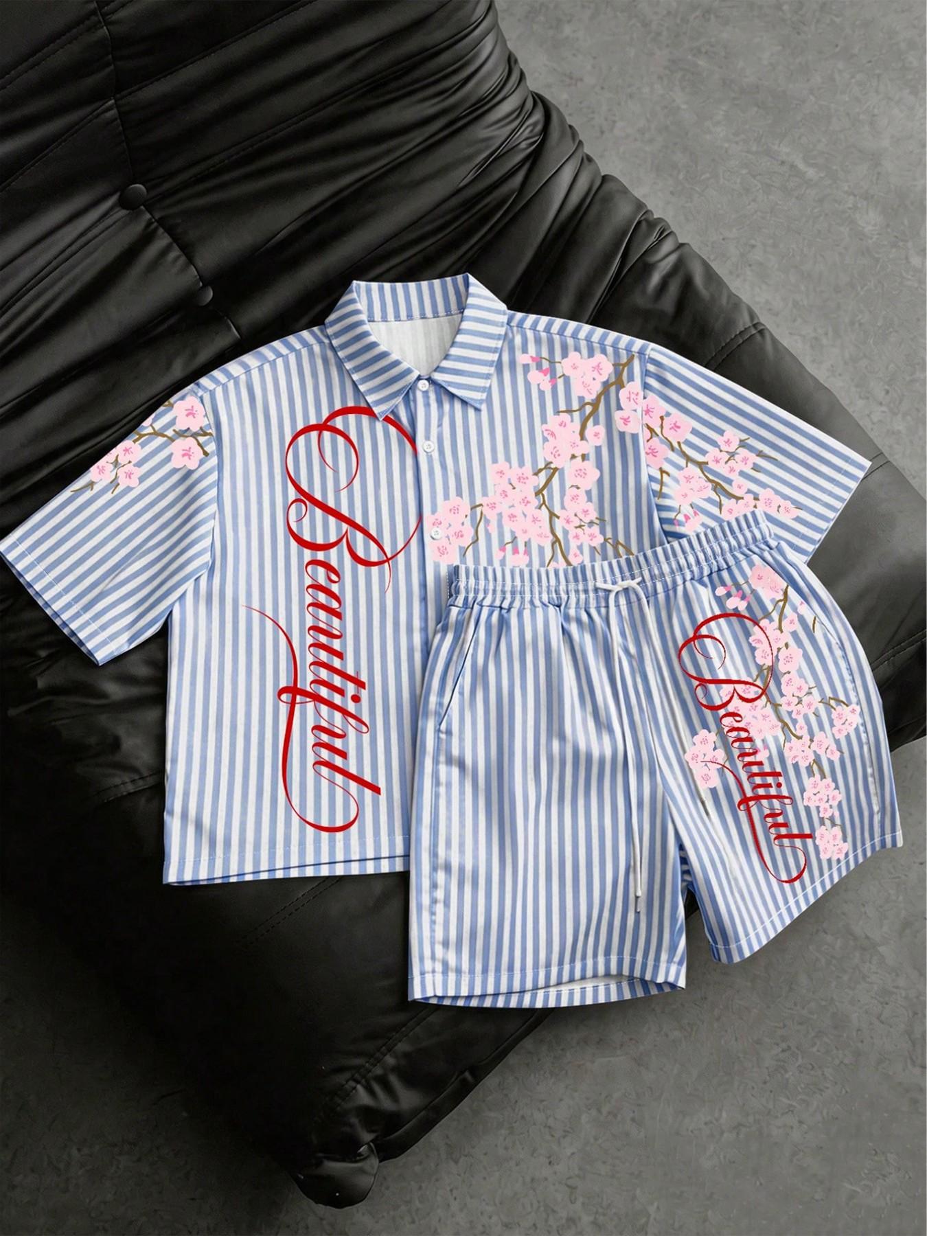 Men, Menswear, Blue White Vertical Striped Cherry Blossom Cursive Print Two Piece Outfit Oversized Short Sleeve Button Down Shirt Drawstring Waist Shorts Vintage West Coast Chicano Matching Summer Couple Tracksuit