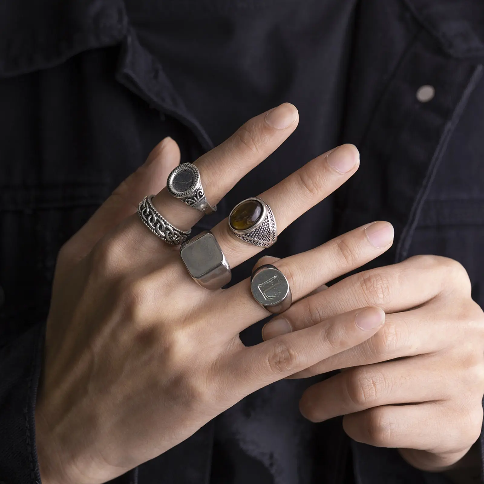 Men's Boho Vintage Rings Set Retro Silver Alloy Initial Letter L Signet Ring Brown Faux Gemstone Geometric Band Unisex Hip Hop Biker Jewelry Gifts