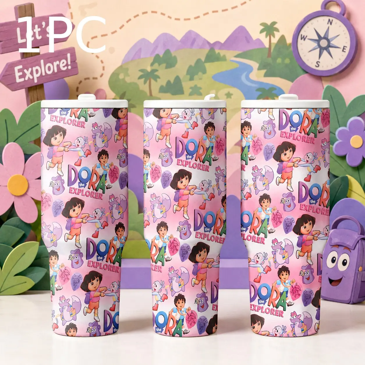 Dora the Explorer 40oz Tumbler with Handle, Stainless Steel Insulated Travel Mug with Straw, Cartoon Adventure Cup Gift