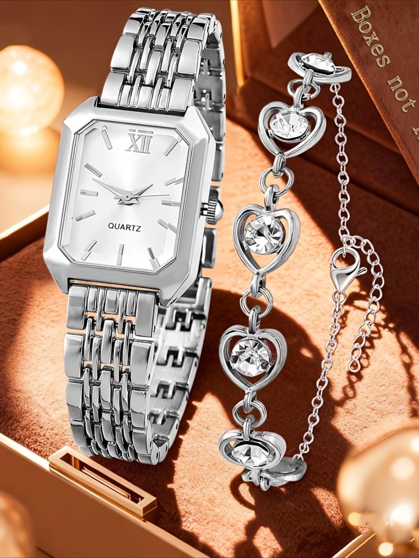 2-piece elegant ladies' watch gift set, fashionable, romantic, luxurious heart bracelet jewelry paired with palace style quartz watch, classic retro rectangular dial, comfortable alloy strap, perfect gift for family and friends