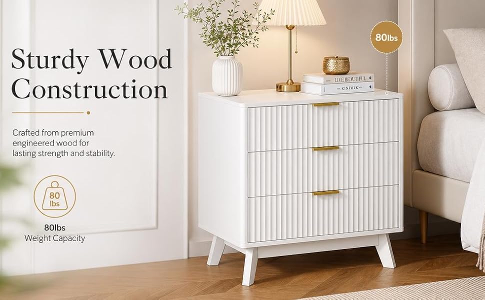 Modern 2-Piece Nightstand Set, 24" Wide Fluted Wood Bedside Tables with 3 Drawers Each, Bedroom Storage Chest