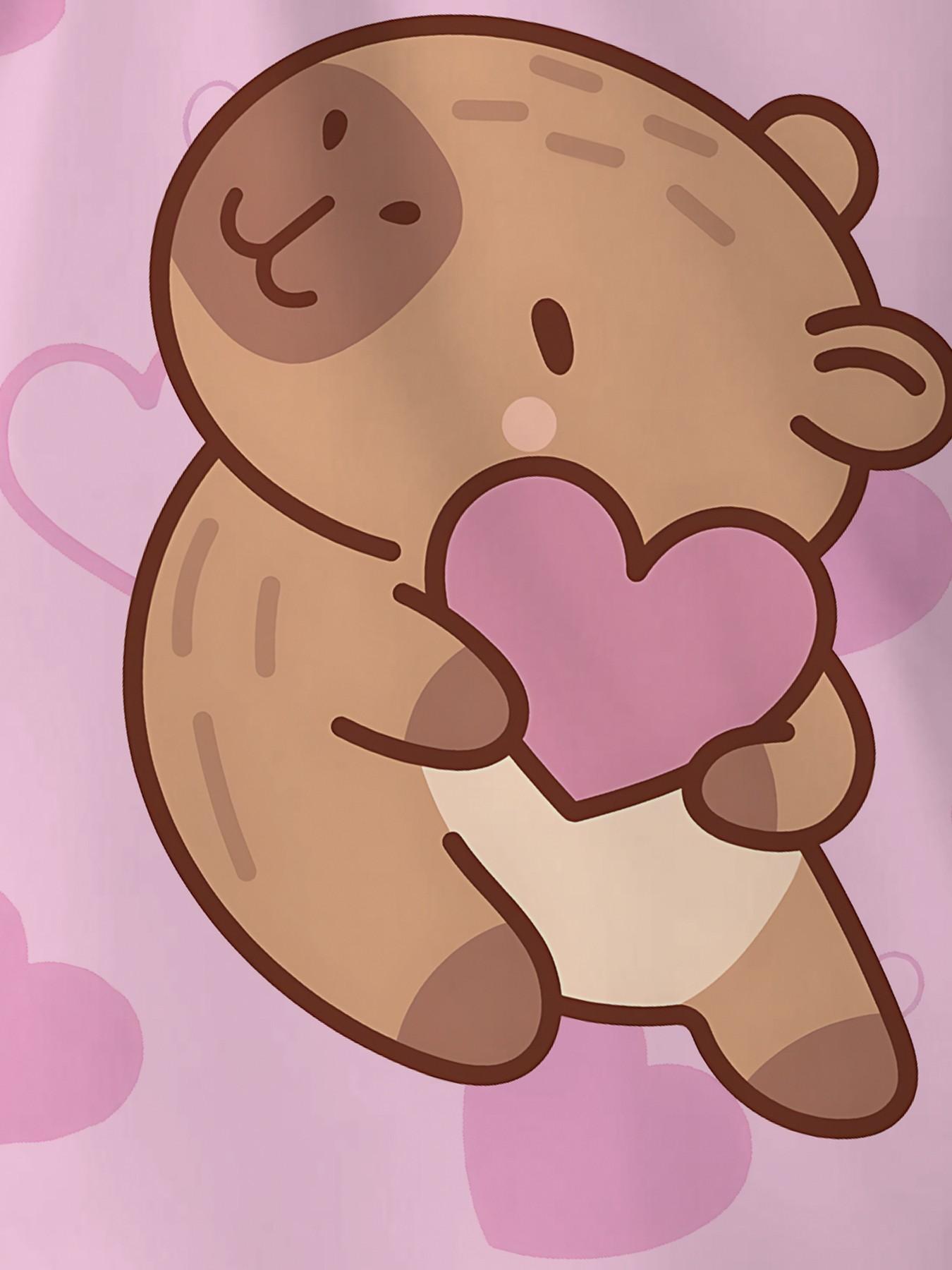 Capybara with full print of foundation love heart, cute 2-piece girls' digital printed long-sleeve pajamas with extended pants, made of flame-retardant fabric. A stylish, trendy, casual, comfortable and soft pajama set, suitable for sleeping and