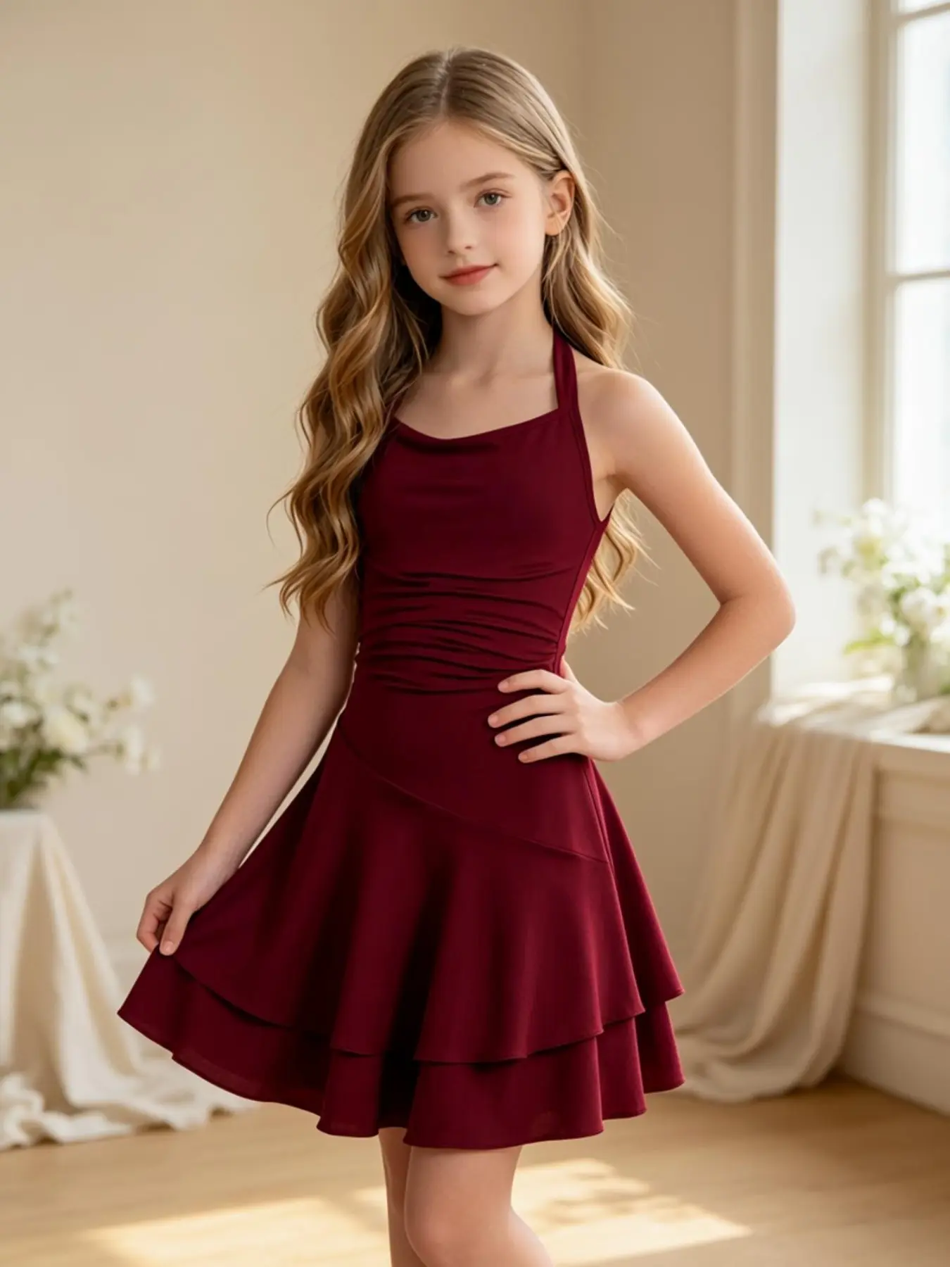 Burgundy Halter Bodycon Flare Dress, Fitted Casual Style, Waist Shirring, Breathable Knit, Perfect for Evening Out & Vacation